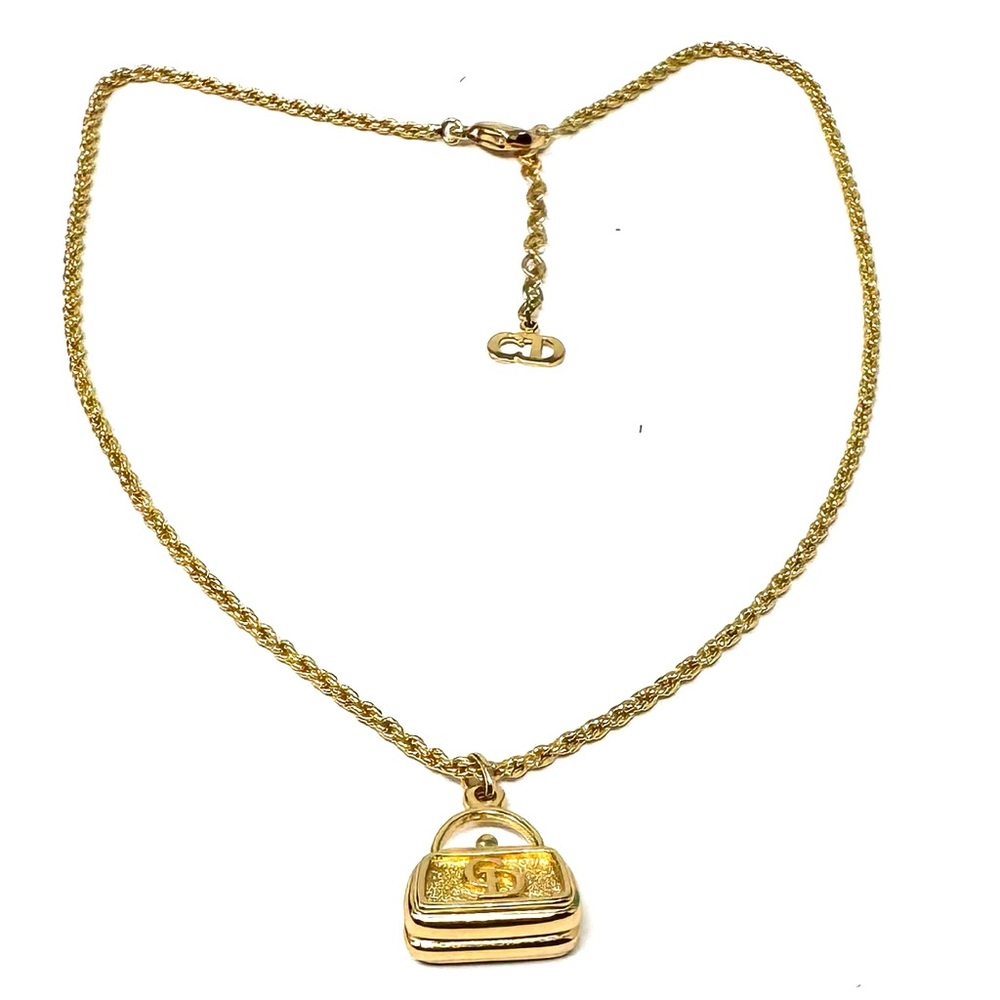 Authentic Dior CD Logo Bag Motif Gold Plated Vintage Necklace.